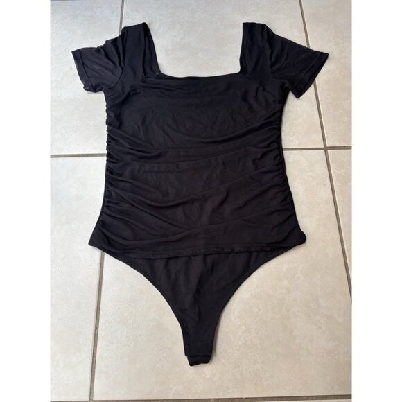 Chunpin Women's Square Neck Mesh Short Sleeve Thong Slimming Bodysuit Sz L Black - Picture 4 of 7